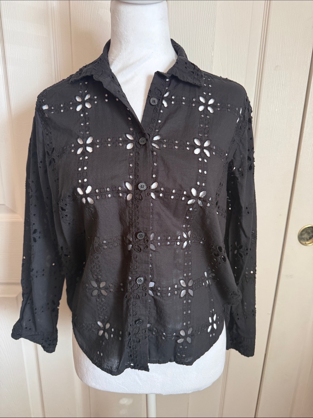 LOFT Black Floral Eyelet Blouse shirt